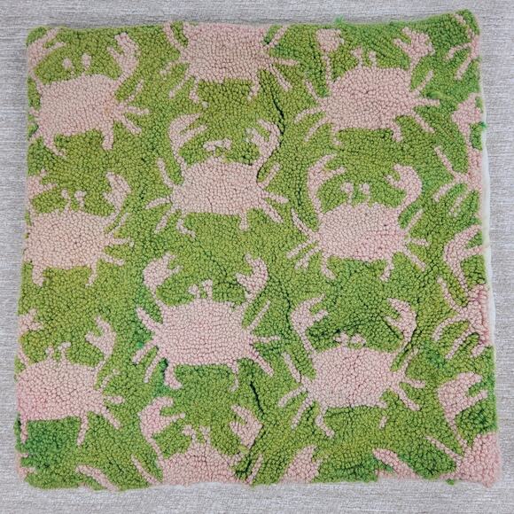 Vtg Handmade Wool Hooked Crab Pillow Cover 18x18 Coastal Nautical Beach Cottage - Picture 2 of 16
